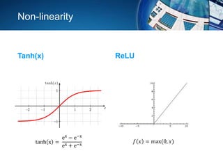 Non-linearity
Tanh(x) ReLU
tanh x =
ex
− e−x
ex + e−x
𝑓 𝑥 = max(0, 𝑥)
 