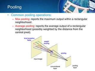 Pooling
• Common pooling operations:
– Max pooling: reports the maximum output within a rectangular
neighborhood.
– Average pooling: reports the average output of a rectangular
neighborhood (possibly weighted by the distance from the
central pixel).
 