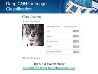 Deep CNN for Image
Classification
Try out a live demo at
http://demo.caffe.berkeleyvision.org/
 