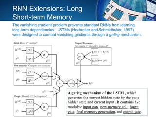 A gating mechanism of the LSTM , which
generates the current hidden state by the paste
hidden state and current input ..It contains five
modules: input gate, new memory cell, forget
gate, final memory generation, and output gate.
RNN Extensions: Long
Short-term Memory
The vanishing gradient problem prevents standard RNNs from learning
long-term dependencies. LSTMs (Hochreiter and Schmidhuber, 1997)
were designed to combat vanishing gradients through a gating mechanism.
 