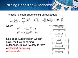 Training Denoising Autoencoder
The loss function of Denoising autoencoder:
where
Like deep Autoencoder, we can
stack multiple denoising
autoencoders layer-wisely to form
a Stacked Denoising
Autoencoder.
 