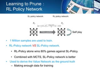 Learning to Prune：
RL Policy Network
• 1 Million samples are used to train.
• RL-Policy network VS SL-Policy network.
• RL-Policy alone wins 80% games against SL-Policy.
• Combined with MCTS, SL-Policy network is better
• Used to derive the Value Network as the ground truth
– Making enough data for training
Self play
 