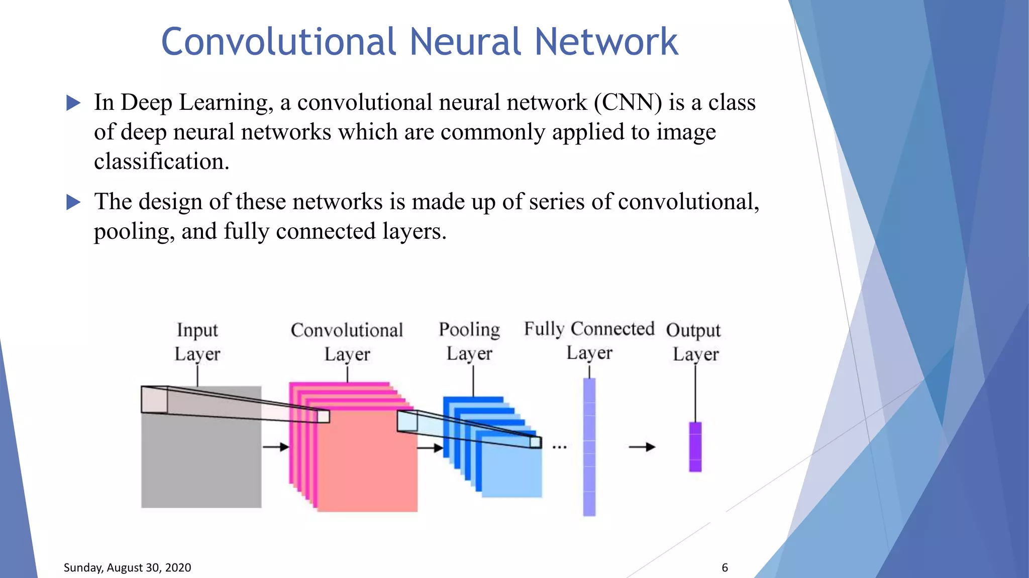 Convolutional Neural Network
Sunday, August 30, 2020 6
 In Deep Learning, a convolutional neural network (CNN) is a class
of deep neural networks which are commonly applied to image
classification.
 The design of these networks is made up of series of convolutional,
pooling, and fully connected layers.
 