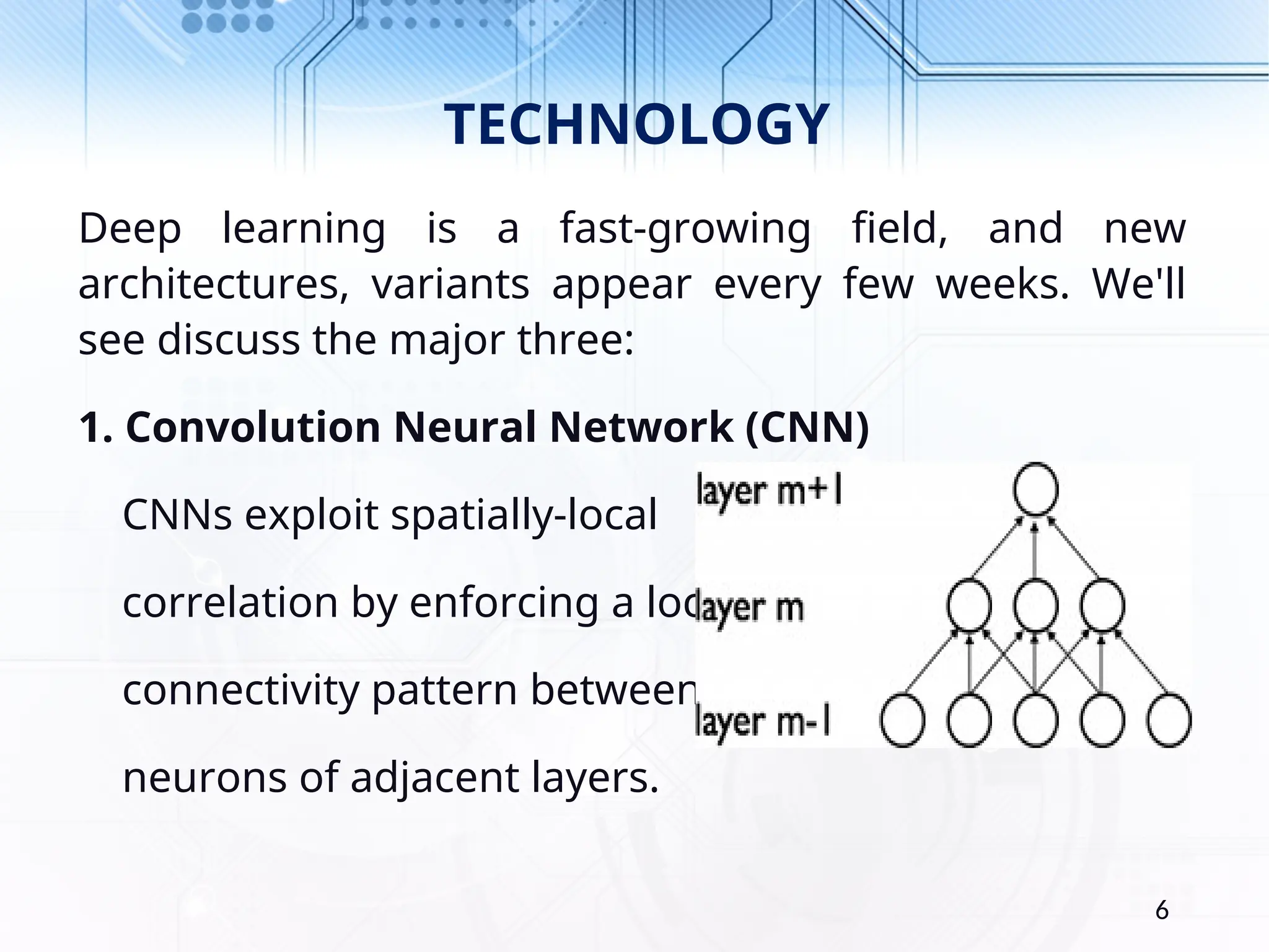 TECHNOLOGY Deep learning is a fast-growing field, and new architectures, variants appear every few weeks. We'll see discuss the major three: 1. Convolution Neural Network (CNN) CNNs exploit spatially-local correlation by enforcing a local connectivity pattern between neurons of adjacent layers. 6 