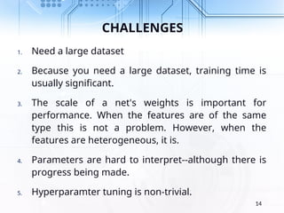 CHALLENGES
1. Need a large dataset
2. Because you need a large dataset, training time is
usually significant.
3. The scale of a net's weights is important for
performance. When the features are of the same
type this is not a problem. However, when the
features are heterogeneous, it is.
4. Parameters are hard to interpret--although there is
progress being made.
5. Hyperparamter tuning is non-trivial.
14
 