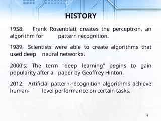 HISTORY
1958: Frank Rosenblatt creates the perceptron, an
algorithm for pattern recognition.
1989: Scientists were able to create algorithms that
used deep neural networks.
2000's: The term “deep learning” begins to gain
popularity after a paper by Geoffrey Hinton.
2012: Artificial pattern-recognition algorithms achieve
human- level performance on certain tasks.
4
 