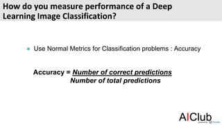 How do you measure performance of a Deep
Learning Image Classification?
● Use Normal Metrics for Classification problems : Accuracy
Accuracy = Number of correct predictions
Number of total predictions