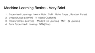 Machine Learning Basics - Very Brief
1. Supervised Learning - Neural Nets , SVM , Naive Bayes , Random Forest
2. Unsupervised Learning - K Means Clustering
3. Reinforcement Learning - Model Free Learning , MDP , Q Learning
4. Semi Supervised Learning - GAN(New)
 