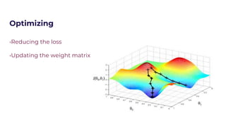 Optimizing
•Reducing the loss
•Updating the weight matrix
 