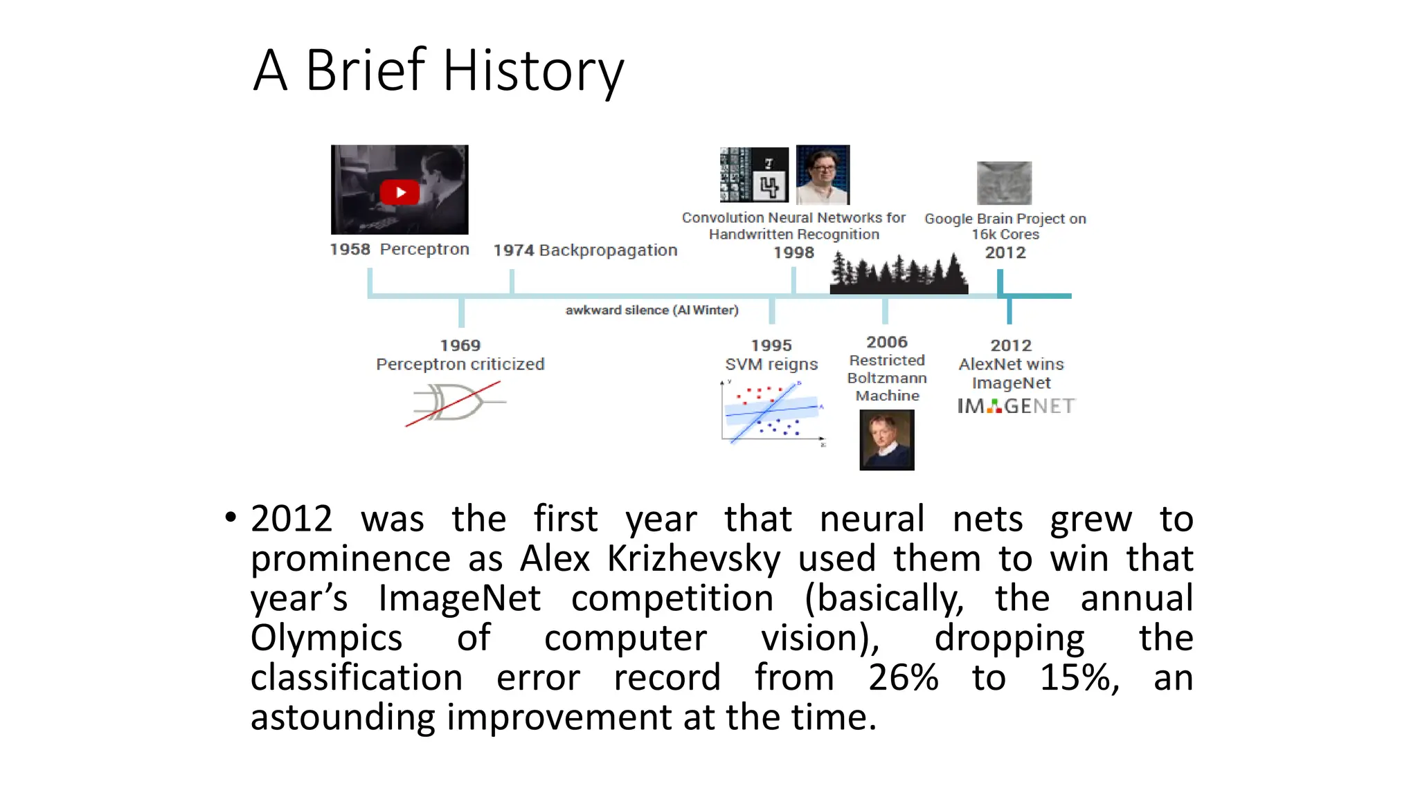 A Brief History
• 2012 was the first year that neural nets grew to
prominence as Alex Krizhevsky used them to win that
year’s ImageNet competition (basically, the annual
Olympics of computer vision), dropping the
classification error record from 26% to 15%, an
astounding improvement at the time.
 