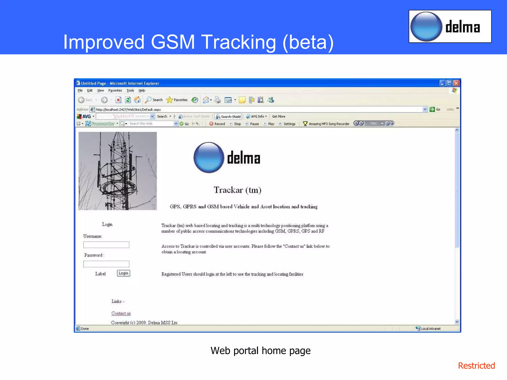 Improved GSM Tracking (beta) Web portal home page 
