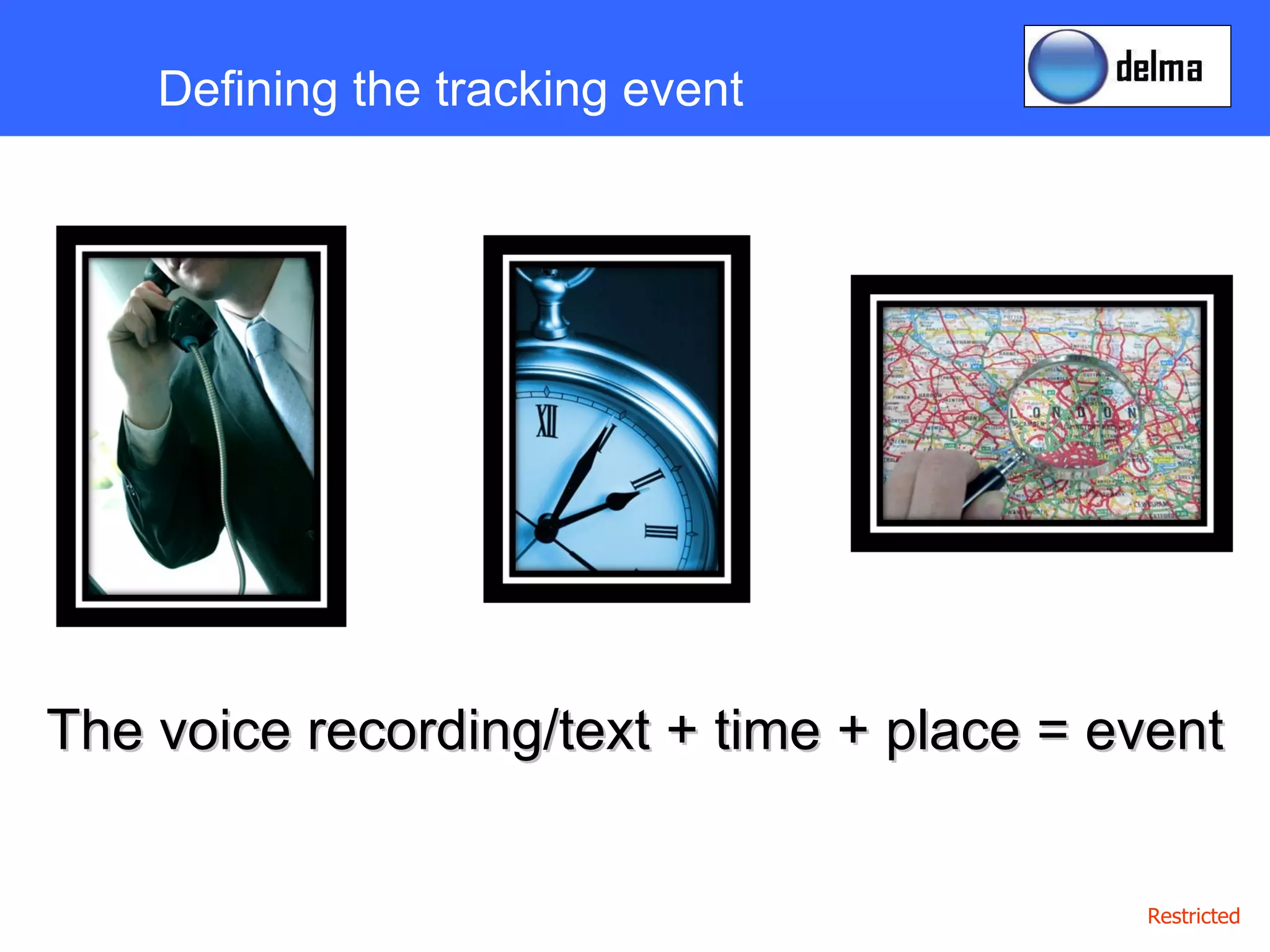 Defining the tracking event + + The voice recording/text + time + place = event 