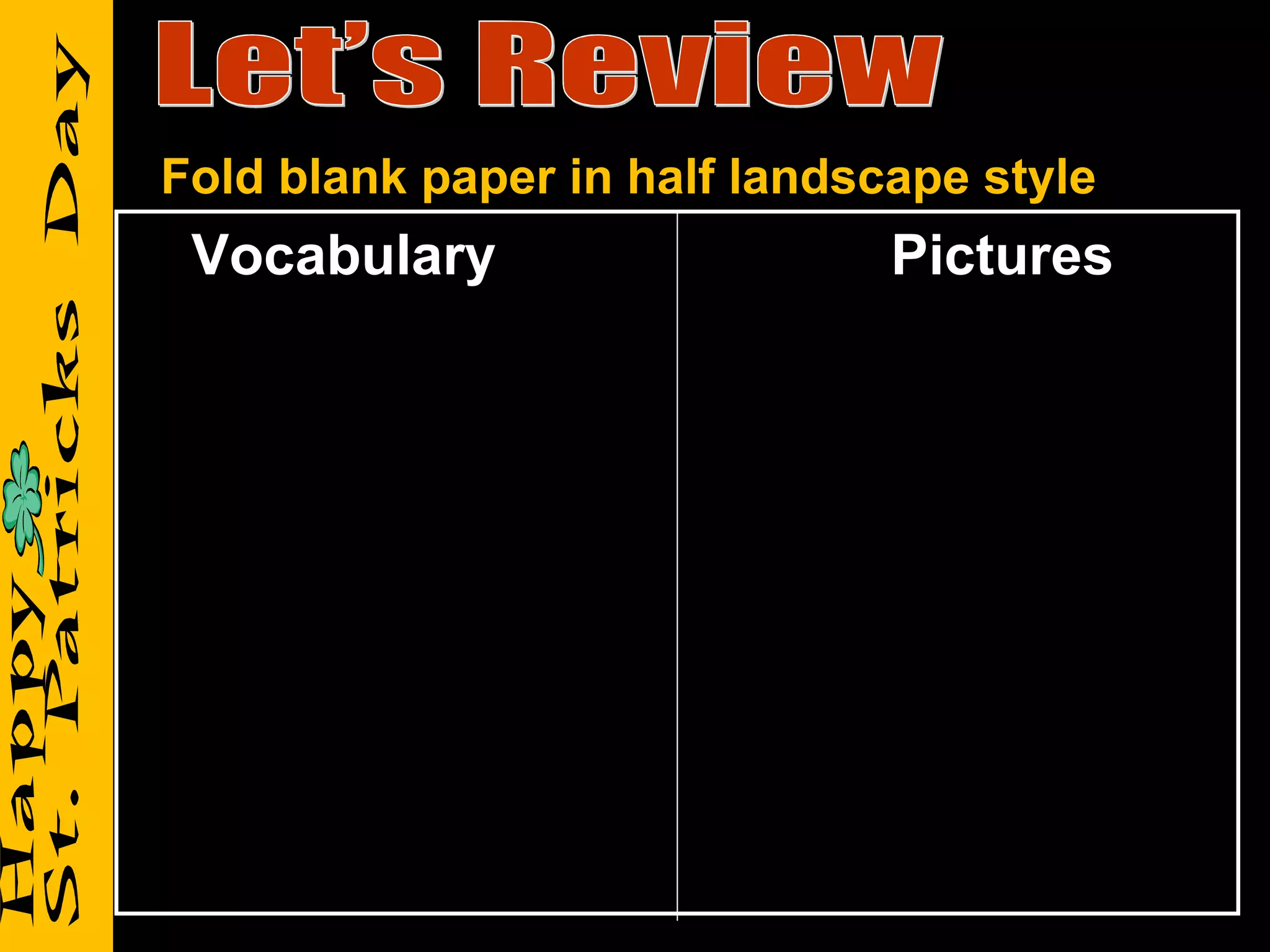 Let’s Review Vocabulary Pictures Fold blank paper in half landscape style 