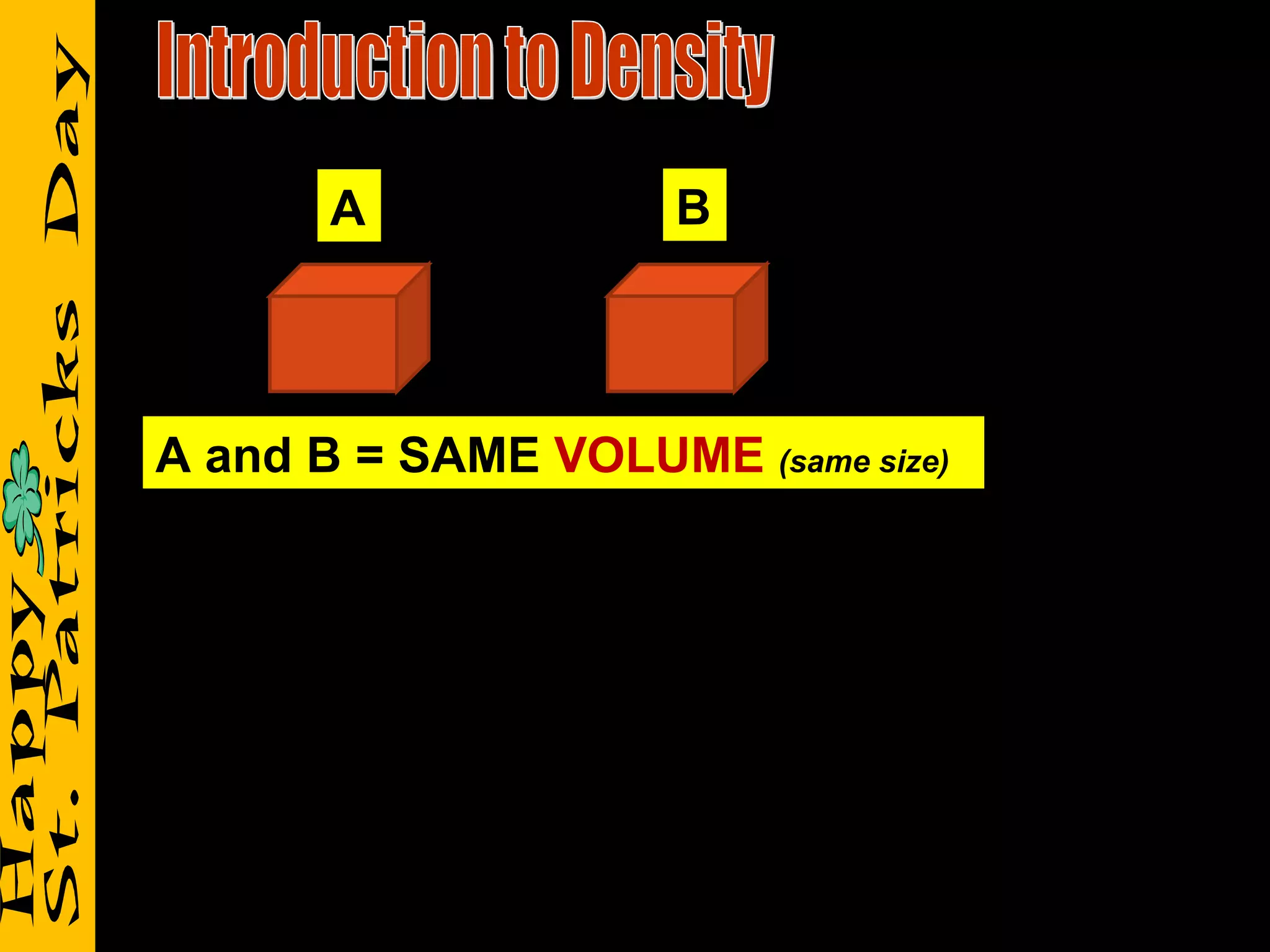 Introduction to Density A B A and B = SAME  VOLUME   (same size) 