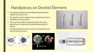 Handpieces on Dentist Element
• Low speed handpieces are handpieces that operate at
speeds up to 40,000 rpm
• You attach a contra-angle into a low speed motor that is
attached to the motor hose
• There are three different types of motors: Air motor
(driven by air compressor), brushed and brushless DC
motors
• The speed of electric driven motor is not variated as you
press on the foot switch
 