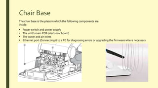 Chair Base
The chair base is the place in which the following components are
inside:
• Power switch and power supply
• The unit’s main PCB (electronic board)
• The water and air inlets
• Ethernet port (Connecting it to a PC for diagnosing errors or upgrading the firmware where necessary
 