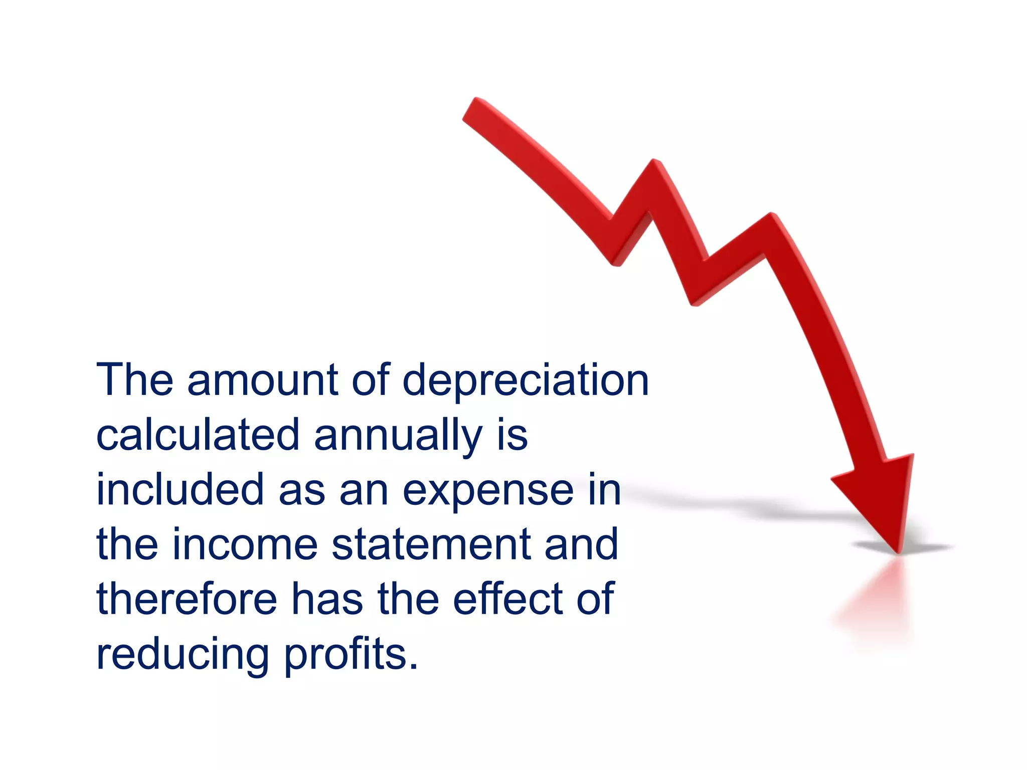 The amount of depreciation
calculated annually is
included as an expense in
the income statement and
therefore has the effect of
reducing profits.
 