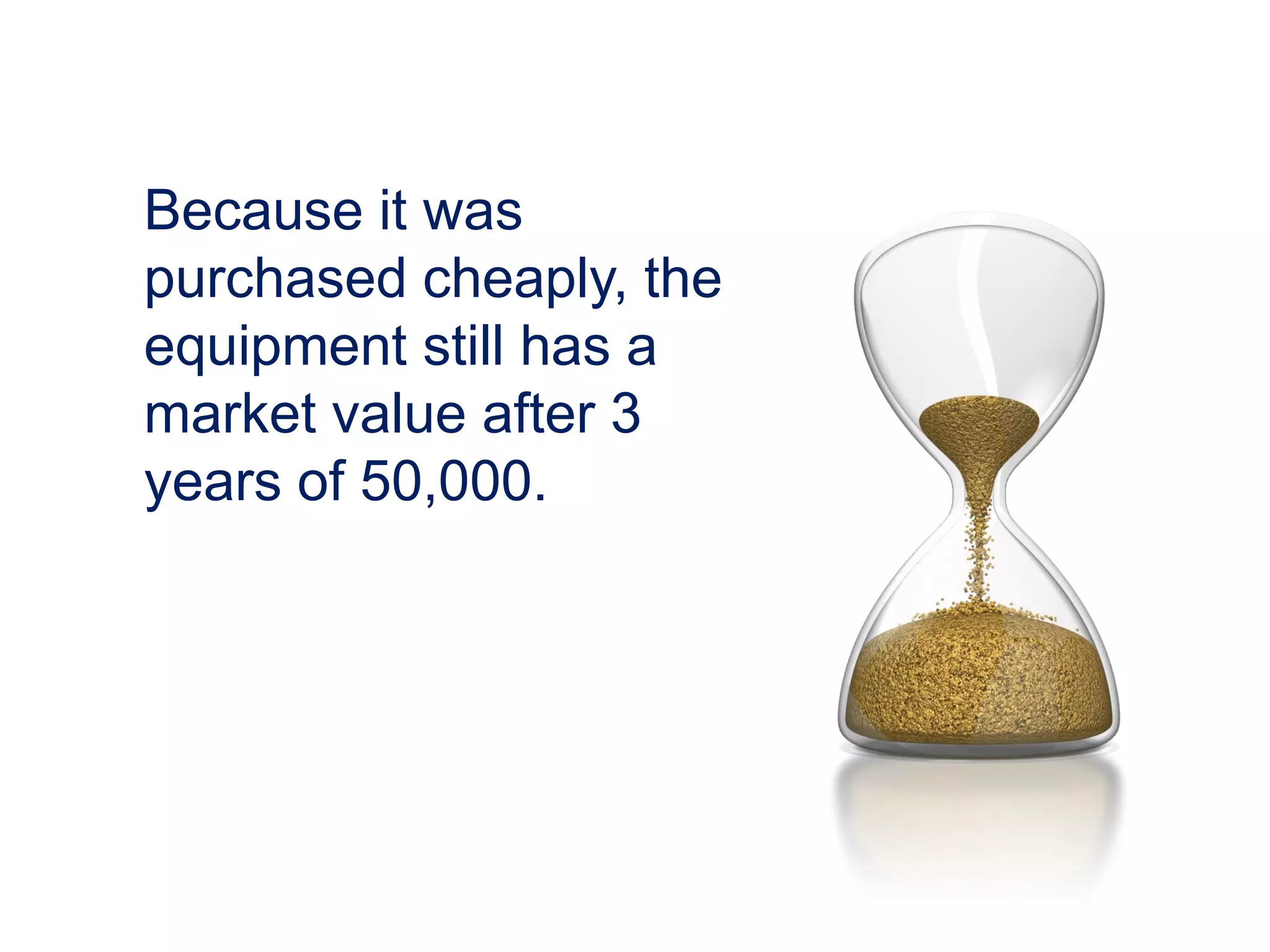 Because it was
purchased cheaply, the
equipment still has a
market value after 3
years of 50,000.
 
