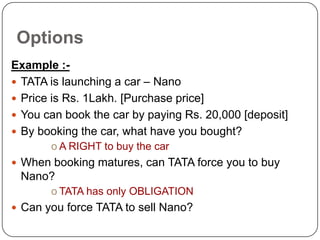 Options
Example :-
 TATA is launching a car – Nano
 Price is Rs. 1Lakh. [Purchase price]
 You can book the car by paying Rs. 20,000 [deposit]
 By booking the car, what have you bought?
       o A RIGHT to buy the car
 When booking matures, can TATA force you to buy
 Nano?
       o TATA has only OBLIGATION
 Can you force TATA to sell Nano?
 