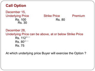 Call Option
December 15,
Underlying Price           Strike Price        Premium
      Rs. 100                       Rs. 80
        Rs. 30

December 28,
Underlying Price can be above, at or below Strike Price
      Rs. 112
      Rs. 80
      Rs. 75

At which underlying price Buyer will exercise the Option ?
 