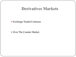 Derivatives Markets

 Exchange Traded Contracts



 Over The Counter Market
 