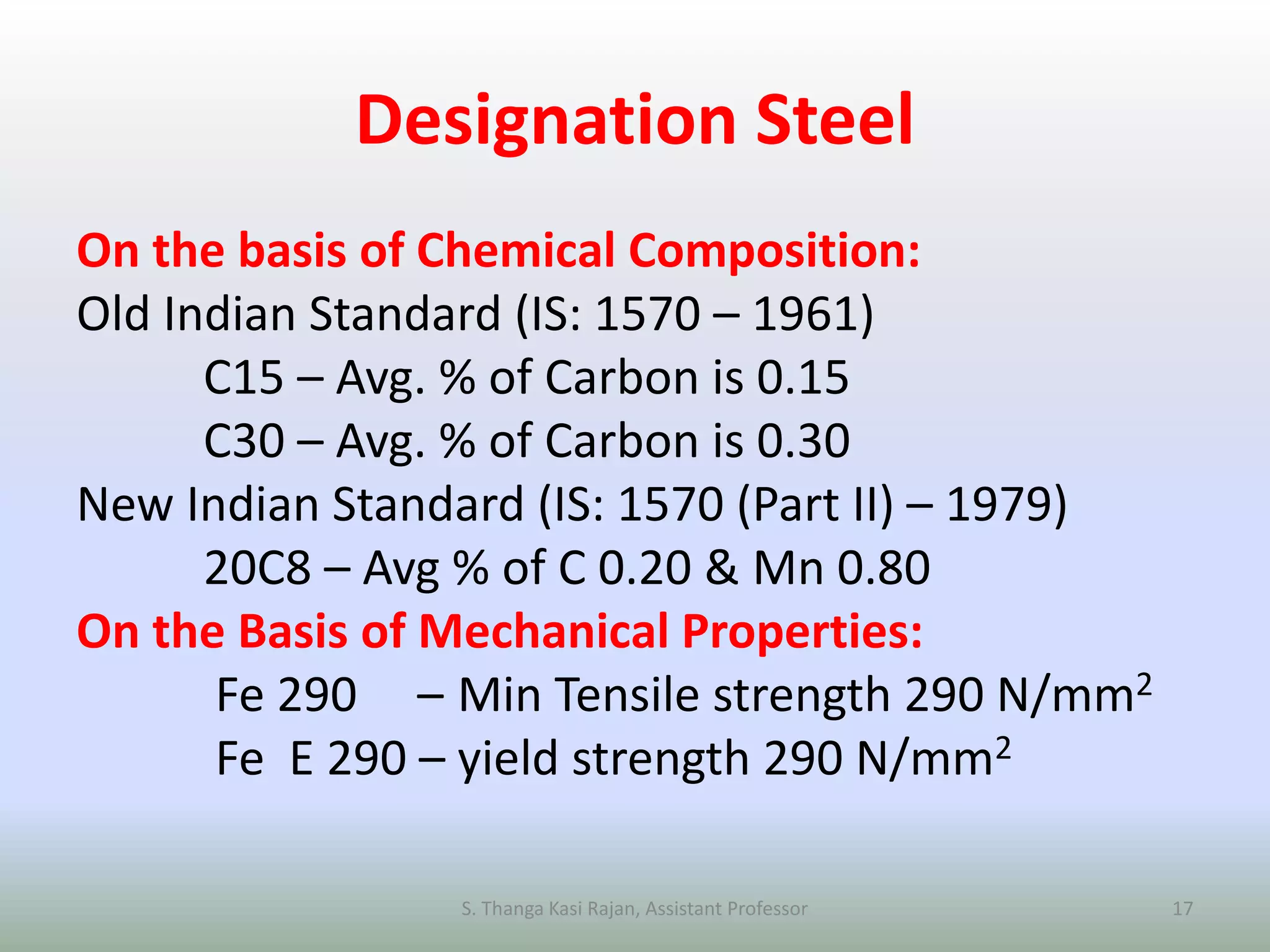 Designation Steel
On the basis of Chemical Composition:
Old Indian Standard (IS: 1570 – 1961)
C15 – Avg. % of Carbon is 0.15
C30 – Avg. % of Carbon is 0.30
New Indian Standard (IS: 1570 (Part II) – 1979)
20C8 – Avg % of C 0.20 & Mn 0.80
On the Basis of Mechanical Properties:
Fe 290 – Min Tensile strength 290 N/mm2
Fe E 290 – yield strength 290 N/mm2
S. Thanga Kasi Rajan, Assistant Professor 17
 