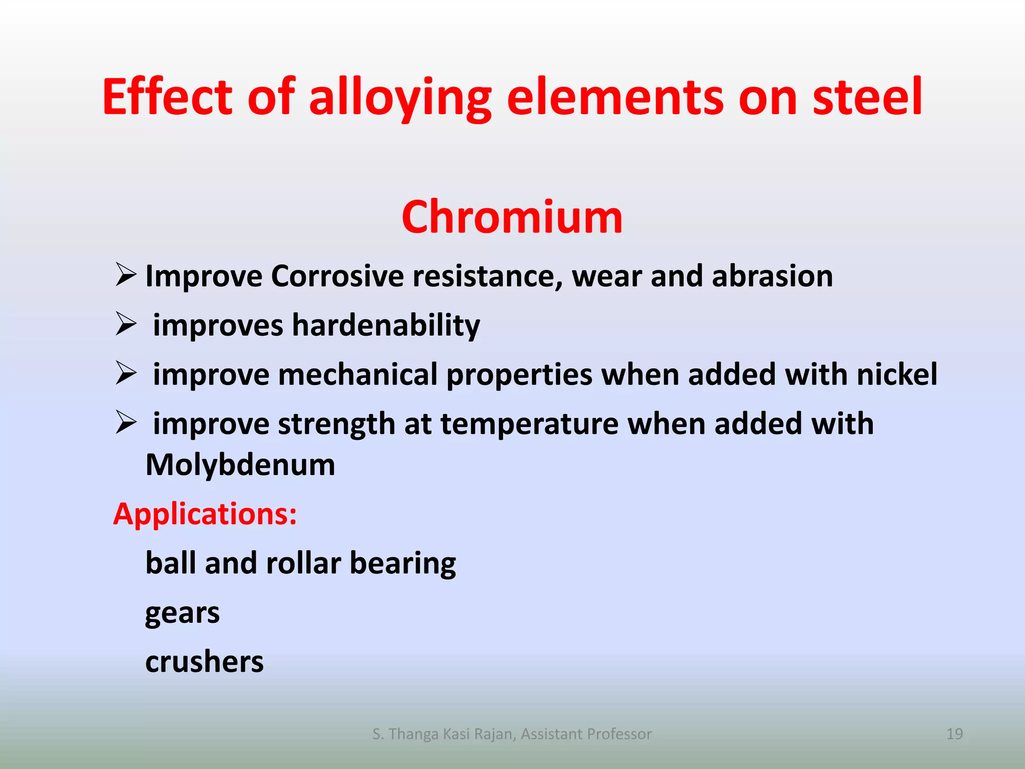 Effect of alloying elements on steel
Chromium
Improve Corrosive resistance, wear and abrasion
 improves hardenability
 improve mechanical properties when added with nickel
 improve strength at temperature when added with
Molybdenum
Applications:
ball and rollar bearing
gears
crushers
S. Thanga Kasi Rajan, Assistant Professor 19
 