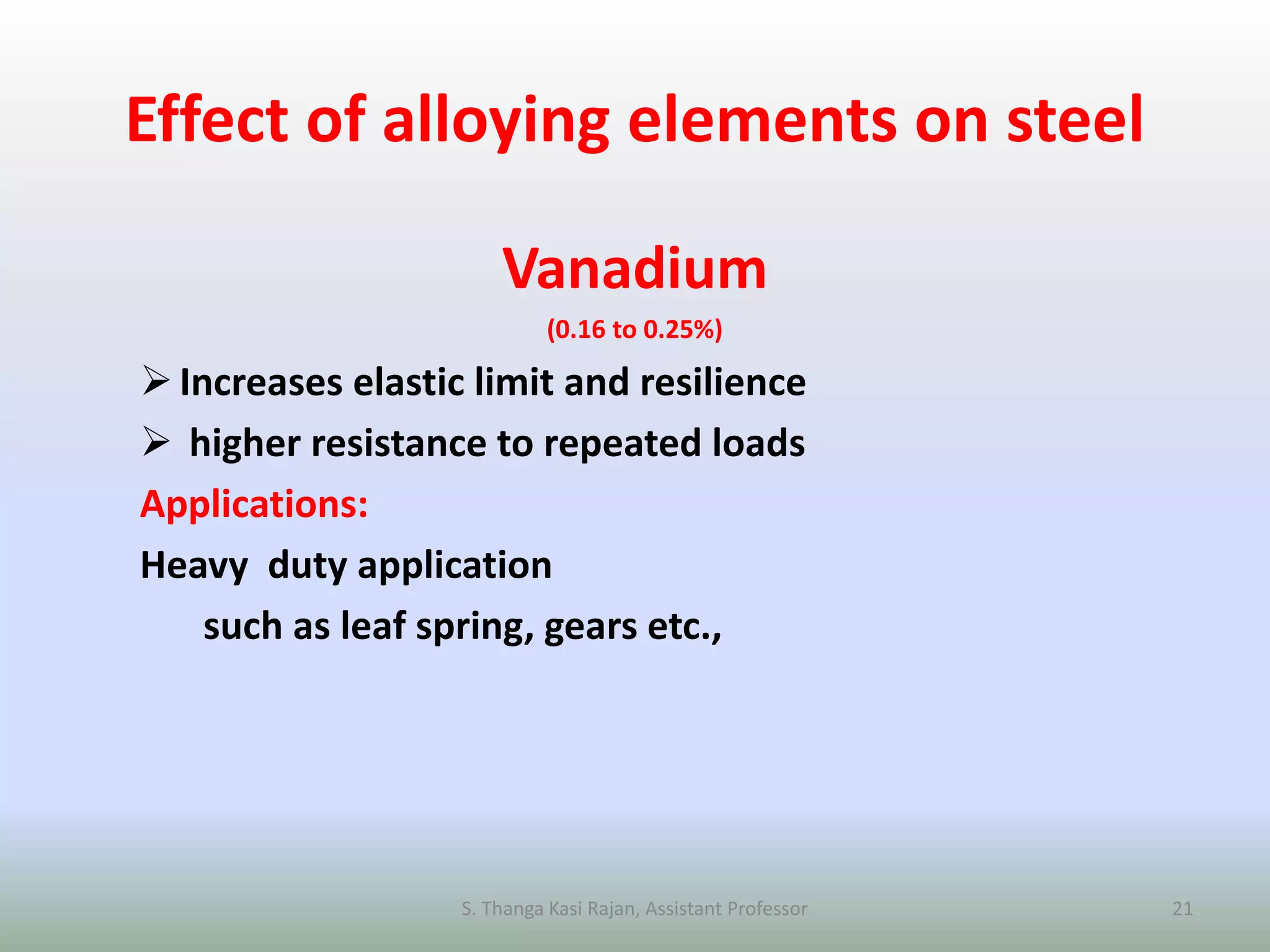 Effect of alloying elements on steel
Vanadium
(0.16 to 0.25%)
Increases elastic limit and resilience
 higher resistance to repeated loads
Applications:
Heavy duty application
such as leaf spring, gears etc.,
S. Thanga Kasi Rajan, Assistant Professor 21
 