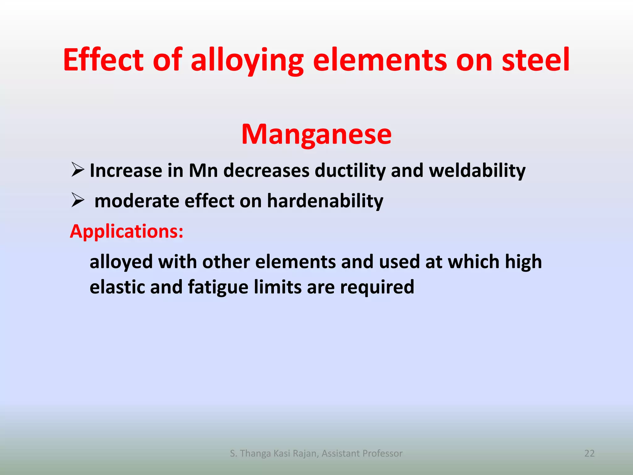 Effect of alloying elements on steel
Manganese
Increase in Mn decreases ductility and weldability
 moderate effect on hardenability
Applications:
alloyed with other elements and used at which high
elastic and fatigue limits are required
S. Thanga Kasi Rajan, Assistant Professor 22
 