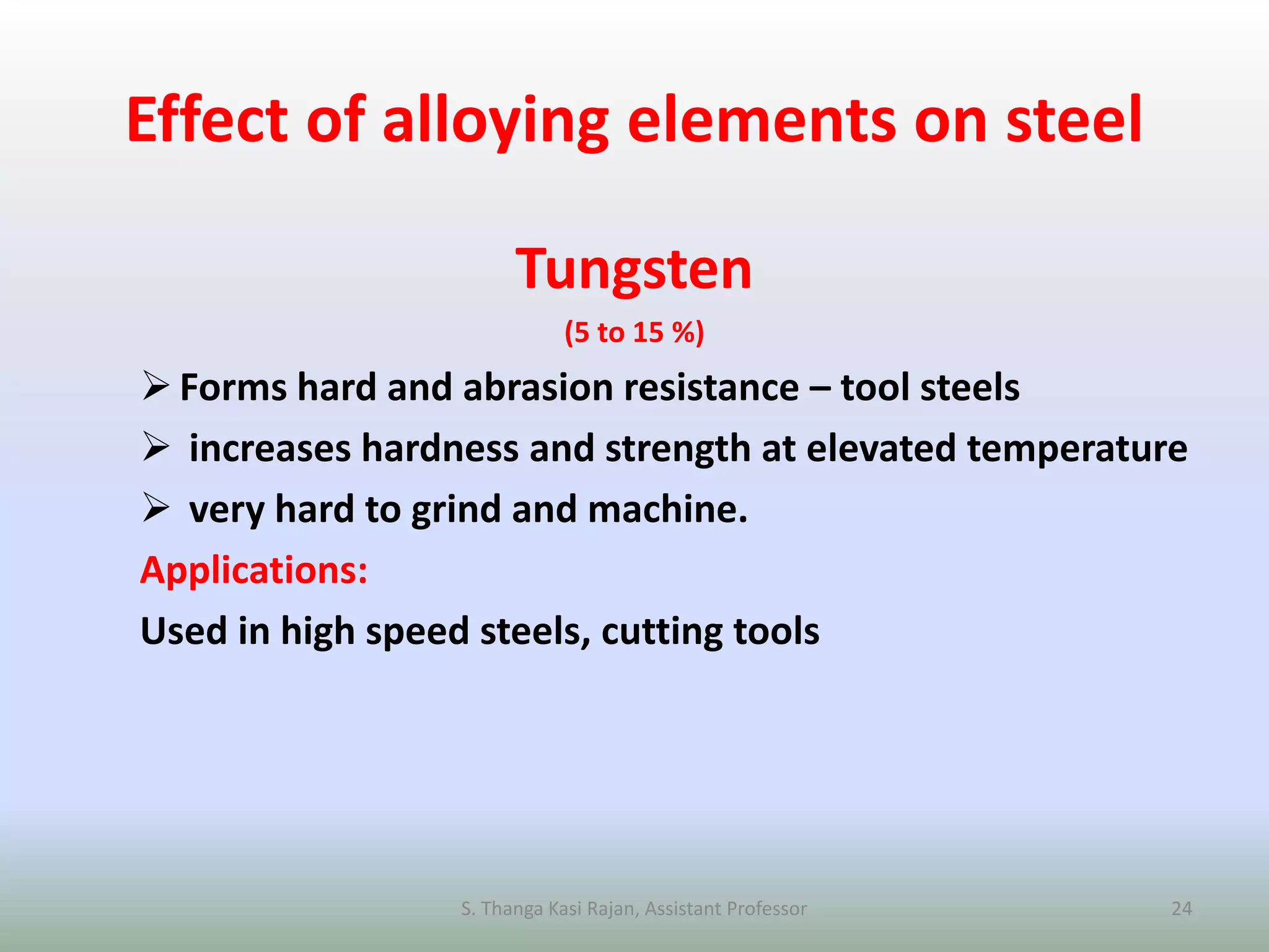 Effect of alloying elements on steel
Tungsten
(5 to 15 %)
Forms hard and abrasion resistance – tool steels
 increases hardness and strength at elevated temperature
 very hard to grind and machine.
Applications:
Used in high speed steels, cutting tools
S. Thanga Kasi Rajan, Assistant Professor 24
 