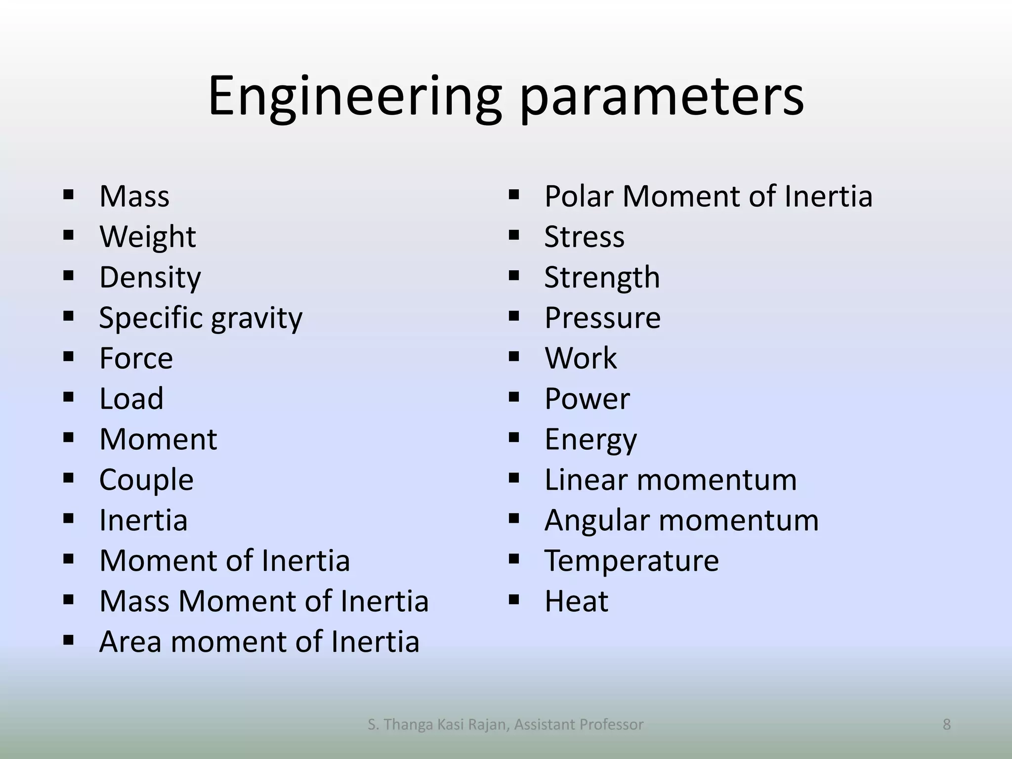 Engineering parameters
 Mass
 Weight
 Density
 Specific gravity
 Force
 Load
 Moment
 Couple
 Inertia
 Moment of Inertia
 Mass Moment of Inertia
 Area moment of Inertia
 Polar Moment of Inertia
 Stress
 Strength
 Pressure
 Work
 Power
 Energy
 Linear momentum
 Angular momentum
 Temperature
 Heat
S. Thanga Kasi Rajan, Assistant Professor 8
 