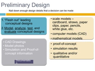 Preliminary Design
• proof-of-concept
• simulation results
• qualitative and/or
quantitative
• scale models –
cardboard, straws, paper
clips, paper, pencils,
white glue, etc.
• computer models (CAD)
• mathematical models
1.“Flesh out” leading
conceptual designs
2.Model, analyze, test, and
evaluate conceptual designs
Page 26
Documentatio
n
Nail down enough design details that a decision can be made
 