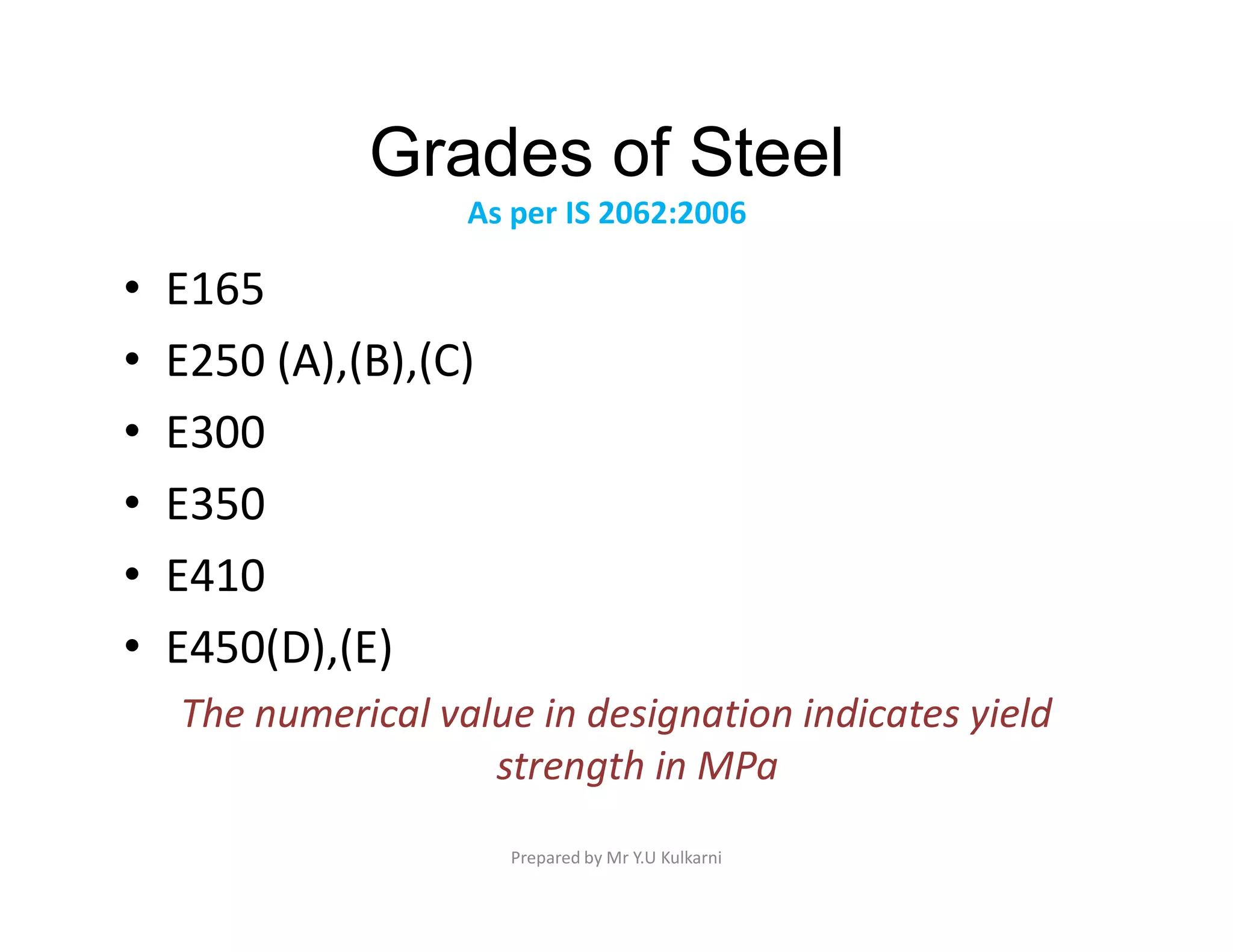 Grades of Steel
As per IS 2062:2006
• E165
• E250 (A),(B),(C)
• E300
• E350
• E350
• E410
• E450(D),(E)
The numerical value in designation indicates yield
strength in MPa
Prepared by Mr Y.U Kulkarni
 