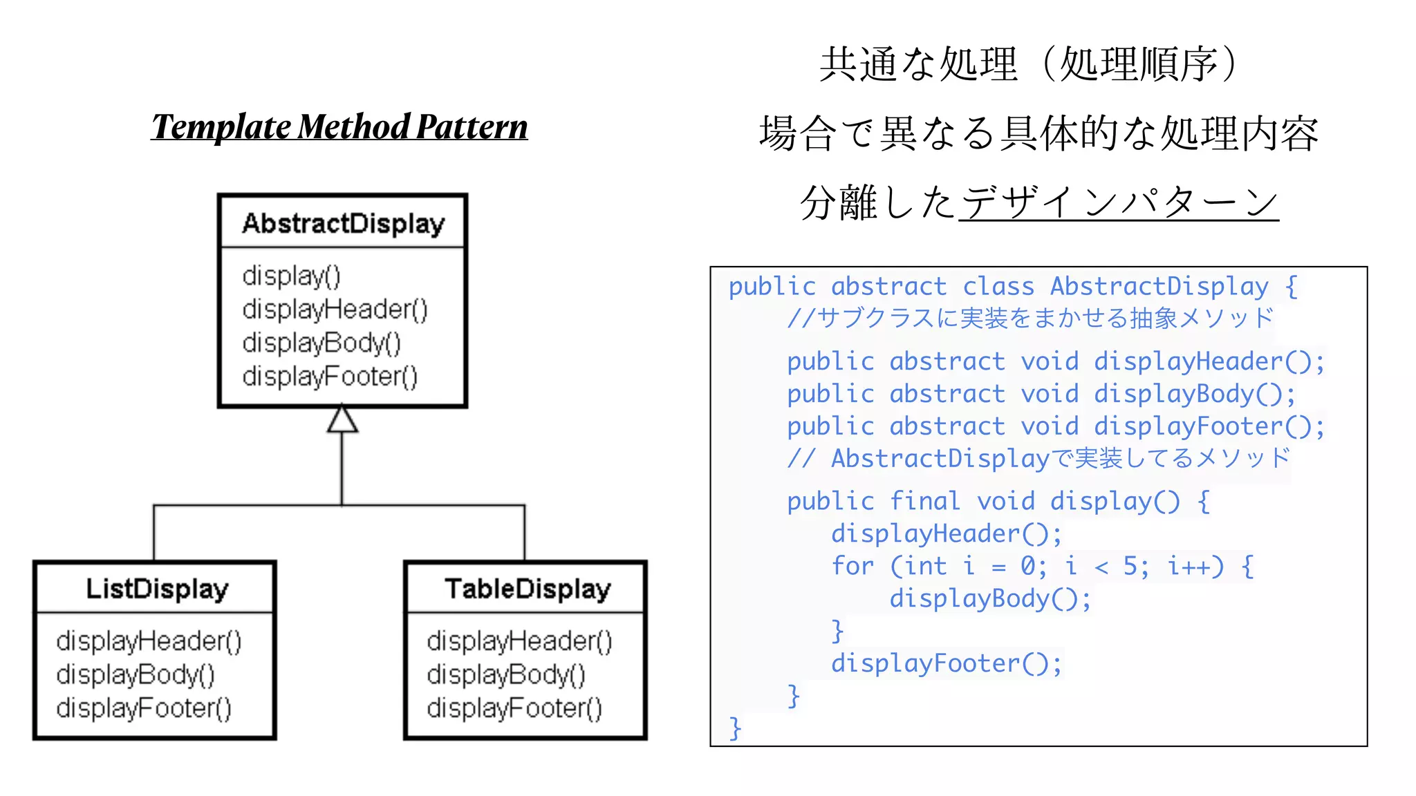 Template Method Pattern
共通な処理（処理順序）
場合で異なる具体的な処理内容
分離したデザインパターン
public abstract class AbstractDisplay {
//サブクラスに実装をまかせる抽象メソッド
public abstract void displayHeader();
public abstract void displayBody();
public abstract void displayFooter();
// AbstractDisplayで実装してるメソッド
public final void display() {
displayHeader();
for (int i = 0; i < 5; i++) {
displayBody();
}
displayFooter();
}
}
 