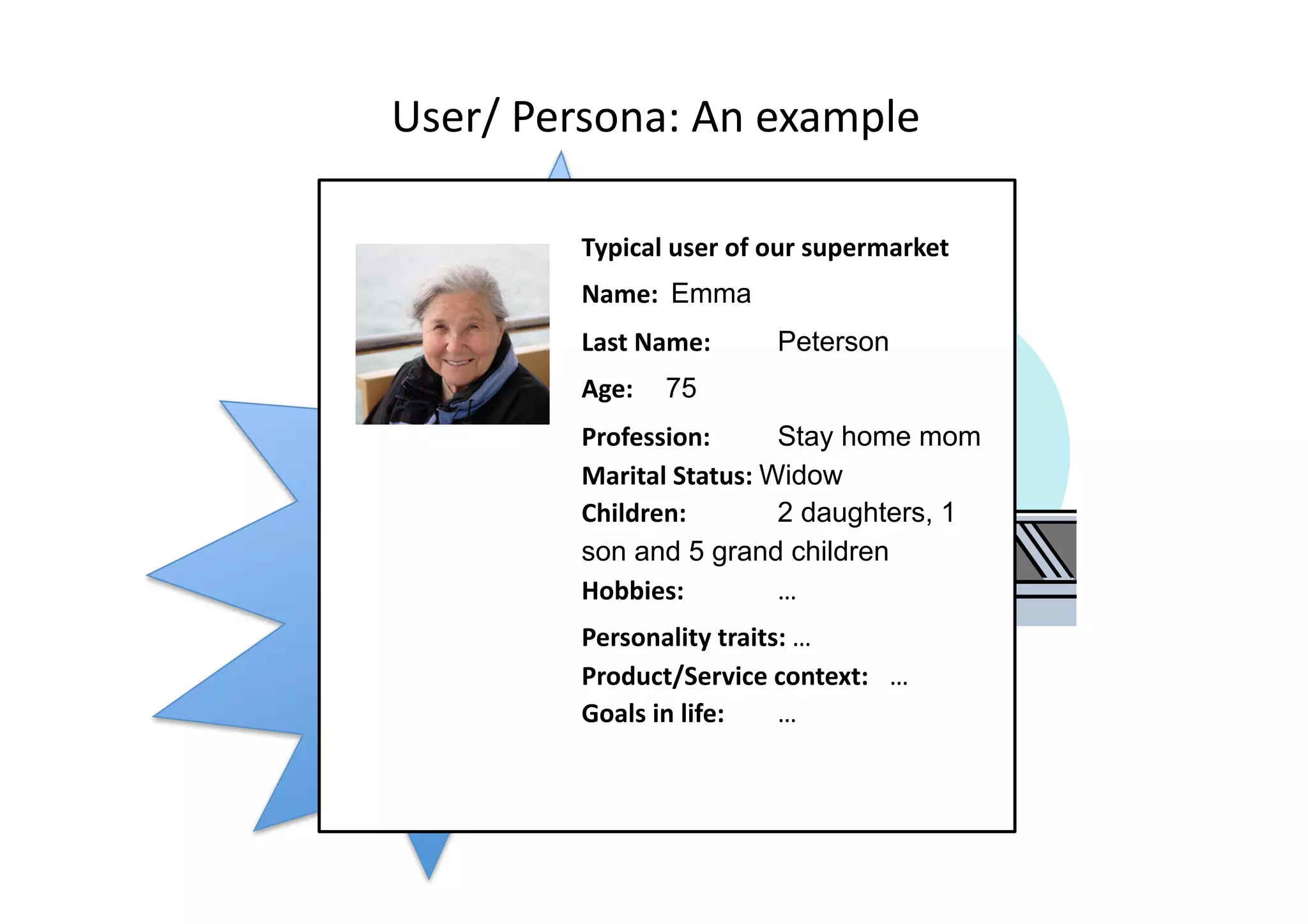 User/	
  Persona:	
  An	
  example	
  
	
   	
   	
   	
  
Typical	
  user	
  of	
  our	
  supermarket	
  
Name:	
  	
  Emma	
   	
  
Last	
  Name:	
  	
   Peterson
Age:	
  	
   75
Profession:	
  	
   Stay home mom
Marital	
  Status:	
  Widow
Children:	
  	
   2 daughters, 1
son and 5 grand children
Hobbies:	
  	
   …	
  
Personality	
  traits:	
  …	
  
Product/Service	
  context:	
  	
   …	
  
Goals	
  in	
  life:	
  	
   …	
  
	
   	
   	
   	
  
 
