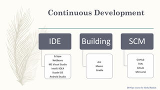 Continuous Development
IDE
Eclipse
NetBeans
MS Visual Studio
IntelliJ IDEA
Xcode IDE
Android Studio
Building
Ant
Maven
Gradle
SCM
GitHub
SVN
GitLab
Mercurial
DevOps course by Abdul Rahim
 