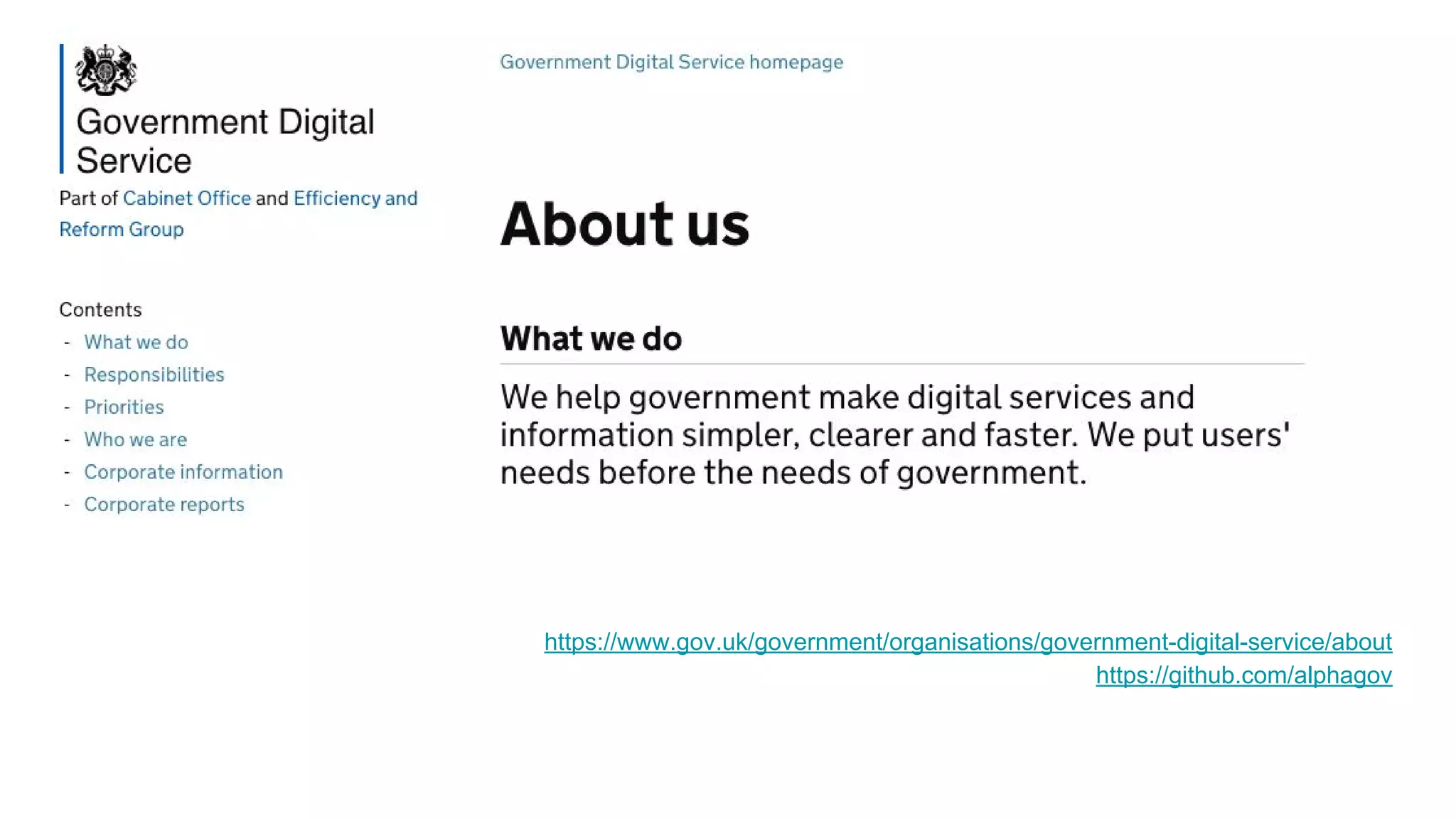 GDS
https://www.gov.uk/government/organisations/government-digital-service/about
https://github.com/alphagov
 