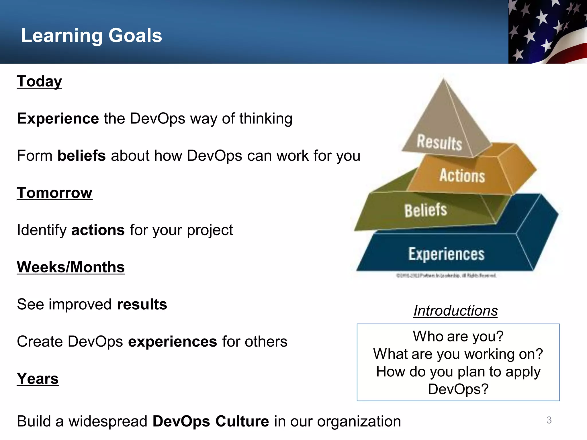 Learning Goals
Today
Experience the DevOps way of thinking
Form beliefs about how DevOps can work for you
Tomorrow
Identify actions for your project
Weeks/Months
See improved results
Create DevOps experiences for others
Years
Build a widespread DevOps Culture in our organization 3
Who are you?
What are you working on?
How do you plan to apply
DevOps?
Introductions
 