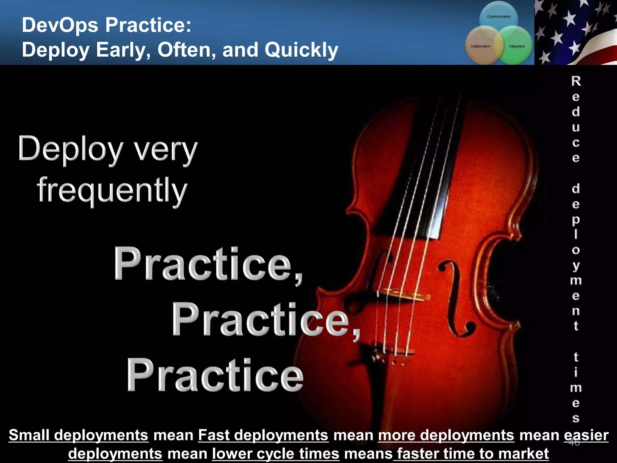 DevOps Practice:
Deploy Early, Often, and Quickly
46
Small deployments mean Fast deployments mean more deployments mean easier
deployments mean lower cycle times means faster time to market
Communication
Integration
Collaboration
 