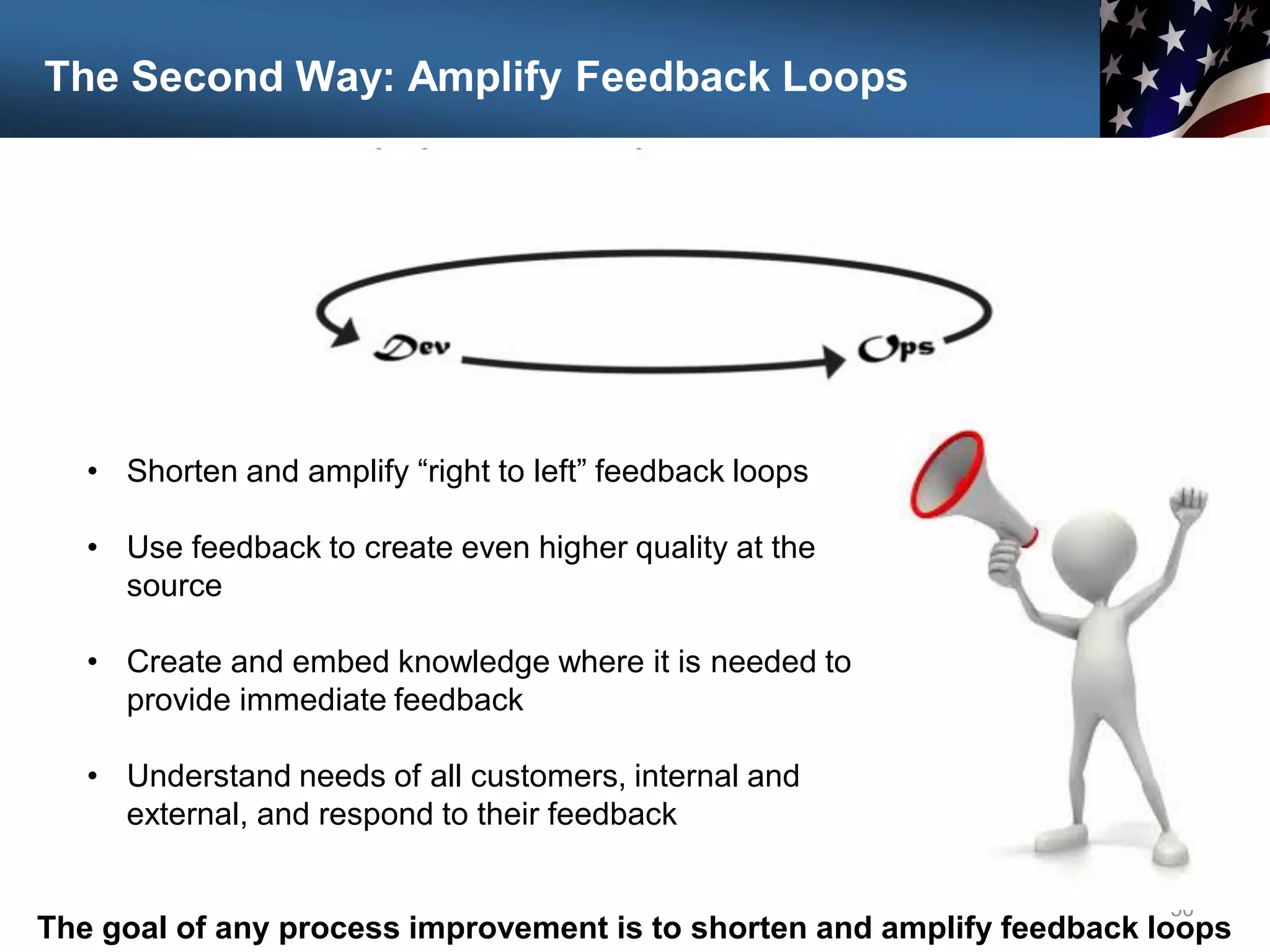 The Second Way: Amplify Feedback Loops
50
• Shorten and amplify “right to left” feedback loops
• Use feedback to create even higher quality at the
source
• Create and embed knowledge where it is needed to
provide immediate feedback
• Understand needs of all customers, internal and
external, and respond to their feedback
The goal of any process improvement is to shorten and amplify feedback loops
 