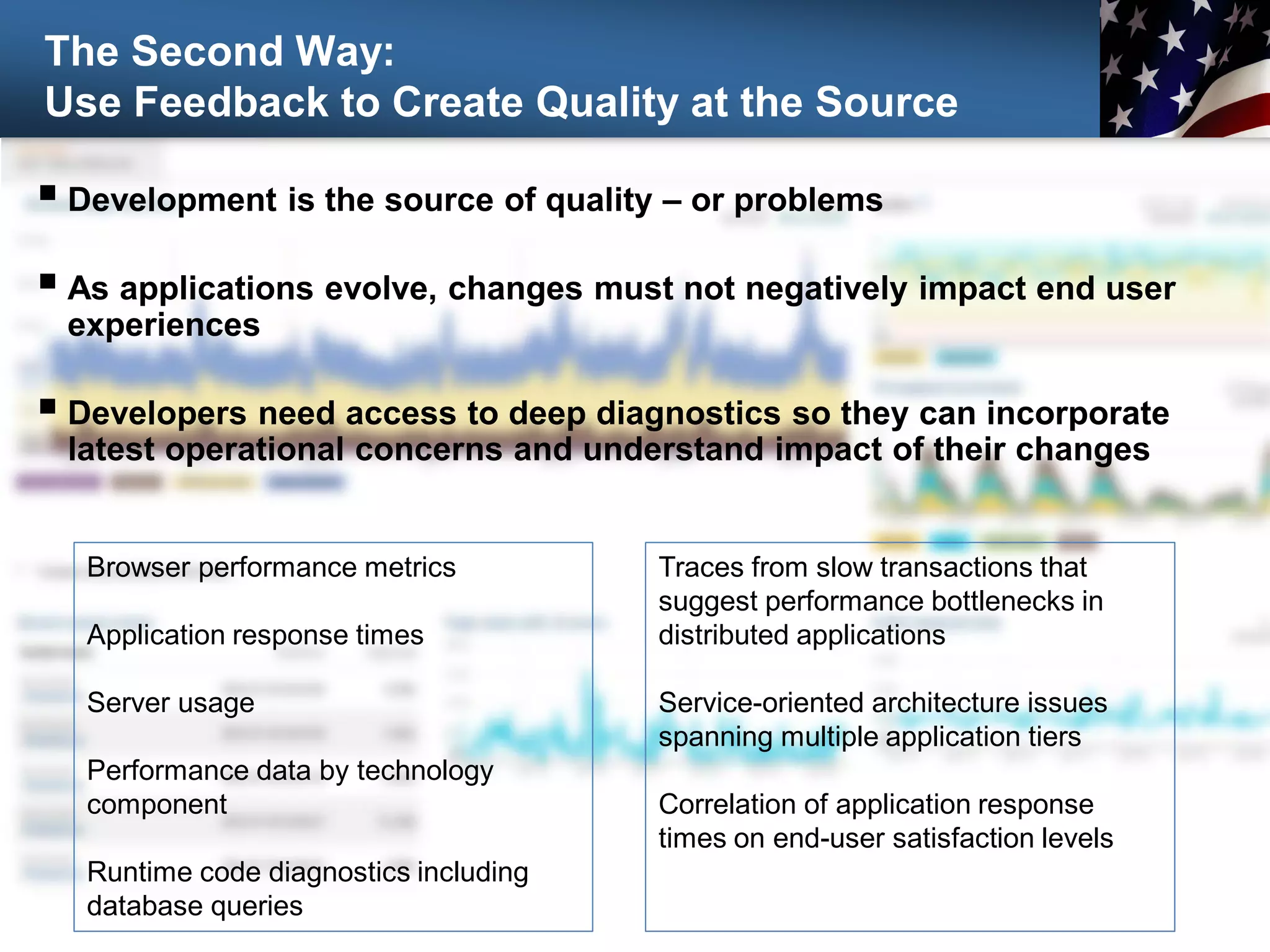 The Second Way:
Use Feedback to Create Quality at the Source
 Development is the source of quality – or problems
 As applications evolve, changes must not negatively impact end user
experiences
 Developers need access to deep diagnostics so they can incorporate
latest operational concerns and understand impact of their changes
Traces from slow transactions that
suggest performance bottlenecks in
distributed applications
Service-oriented architecture issues
spanning multiple application tiers
Correlation of application response
times on end-user satisfaction levels
Browser performance metrics
Application response times
Server usage
Performance data by technology
component
Runtime code diagnostics including
database queries
 