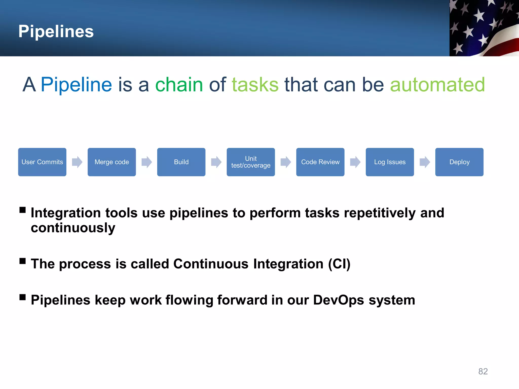 Pipelines
User Commits Merge code Build
Unit
test/coverage
Code Review Log Issues Deploy
82
A Pipeline is a chain of tasks that can be automated
 Integration tools use pipelines to perform tasks repetitively and
continuously
 The process is called Continuous Integration (CI)
 Pipelines keep work flowing forward in our DevOps system
 