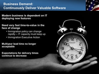 Business Demand:
Continuously Deliver Valuable Software
Modern business is dependent on IT
deploying new features
Need very fast time-to-value in the
face of change
 Immigration policy can change
rapidly – IT capacity must keep up
 Immigration Executive Action
Multiyear lead time no longer
acceptable
Expectations for delivery times
continue to decrease
 