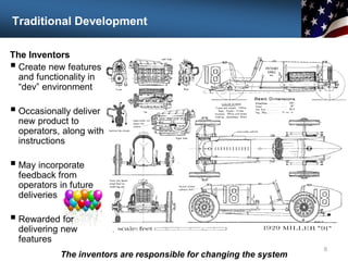 Traditional Development
The Inventors
 Create new features
and functionality in
“dev” environment
 Occasionally deliver
new product to
operators, along with
instructions
 May incorporate
feedback from
operators in future
deliveries
 Rewarded for
delivering new
features
8
The inventors are responsible for changing the system
 