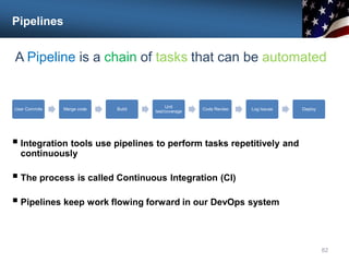 Pipelines
User Commits Merge code Build
Unit
test/coverage
Code Review Log Issues Deploy
82
A Pipeline is a chain of tasks that can be automated
 Integration tools use pipelines to perform tasks repetitively and
continuously
 The process is called Continuous Integration (CI)
 Pipelines keep work flowing forward in our DevOps system
 