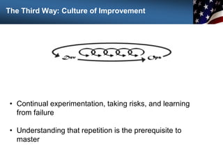 • Continual experimentation, taking risks, and learning
from failure
• Understanding that repetition is the prerequisite to
master
The Third Way: Culture of Improvement
92
 