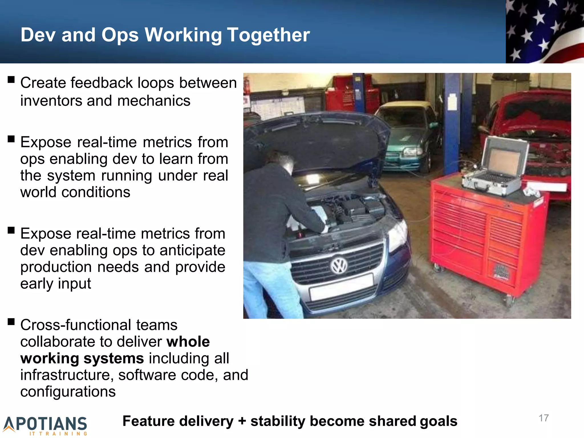 Dev and Ops Working Together
17
 Create feedback loops between
inventors and mechanics
 Expose real-time metrics from
ops enabling dev to learn from
the system running under real
world conditions
 Expose real-time metrics from
dev enabling ops to anticipate
production needs and provide
early input
 Cross-functional teams
collaborate to deliver whole
working systems including all
infrastructure, software code, and
configurations
Feature delivery + stability become shared goals
 