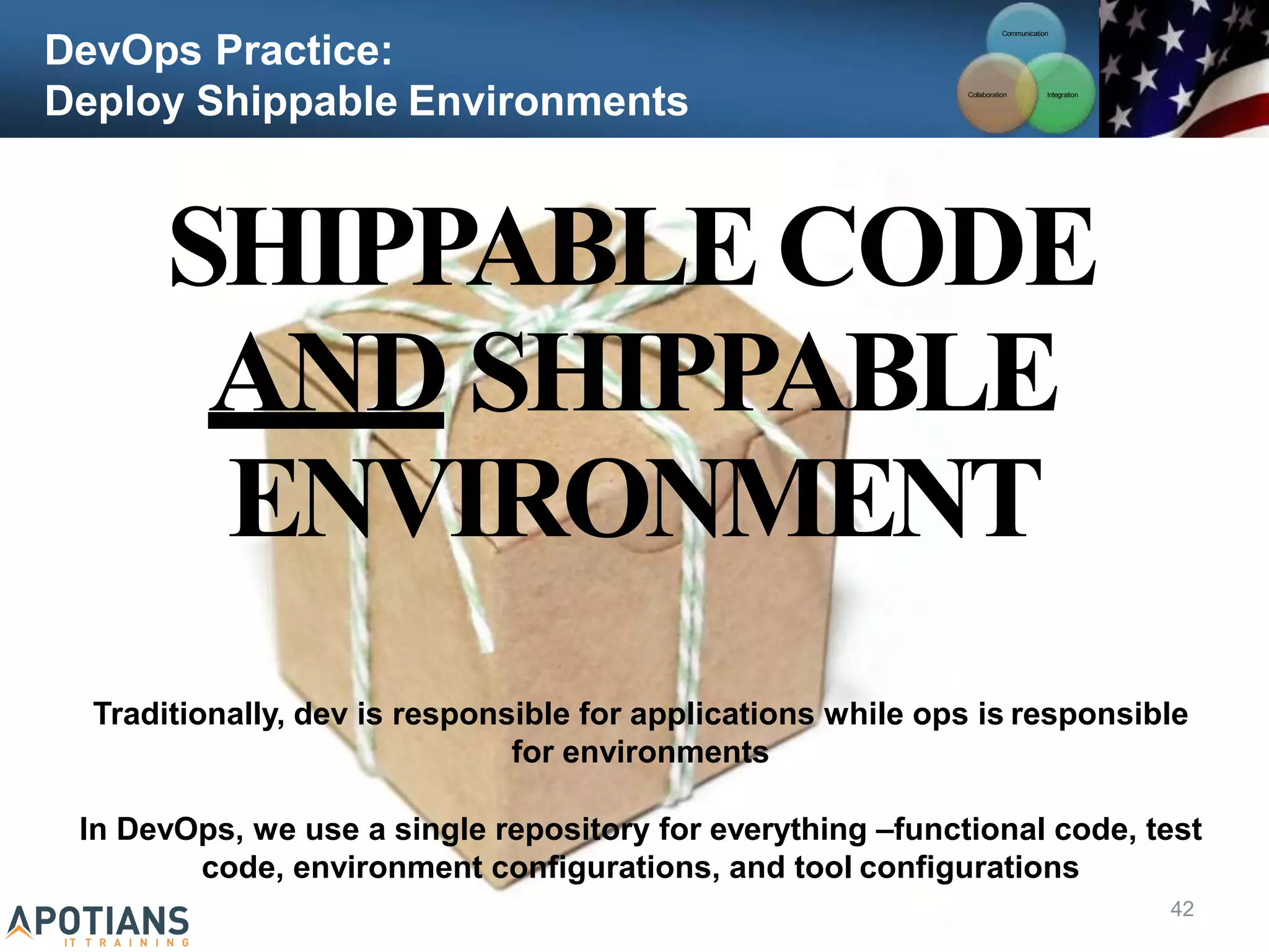 DevOps Practice:
Deploy Shippable Environments
SHIPPABLECODE
AND SHIPPABLE
ENVIRONMENT
Communication
Integration
Collaboration
Traditionally, dev is responsible for applications while ops is responsible
for environments
In DevOps, we use a single repository for everything –functional code, test
code, environment configurations, and tool configurations
42
 