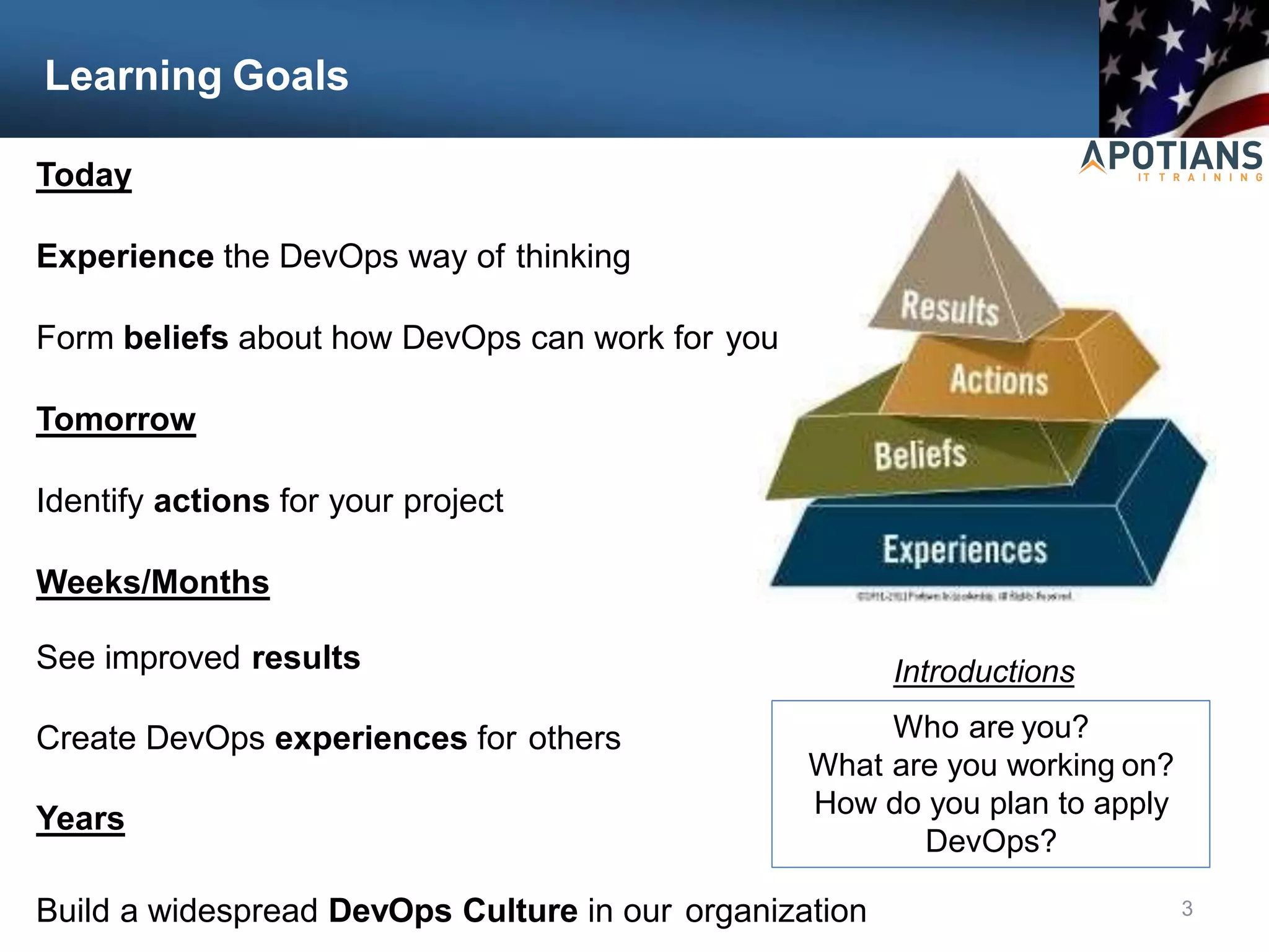 Learning Goals
Today
Experience the DevOps way of thinking
Form beliefs about how DevOps can work for you
Tomorrow
Identify actions for your project
Weeks/Months
See improved results
Create DevOps experiences for others
Years
Build a widespread DevOps Culture in our organization 3
Who are you?
What are you working on?
How do you plan to apply
DevOps?
Introductions
 