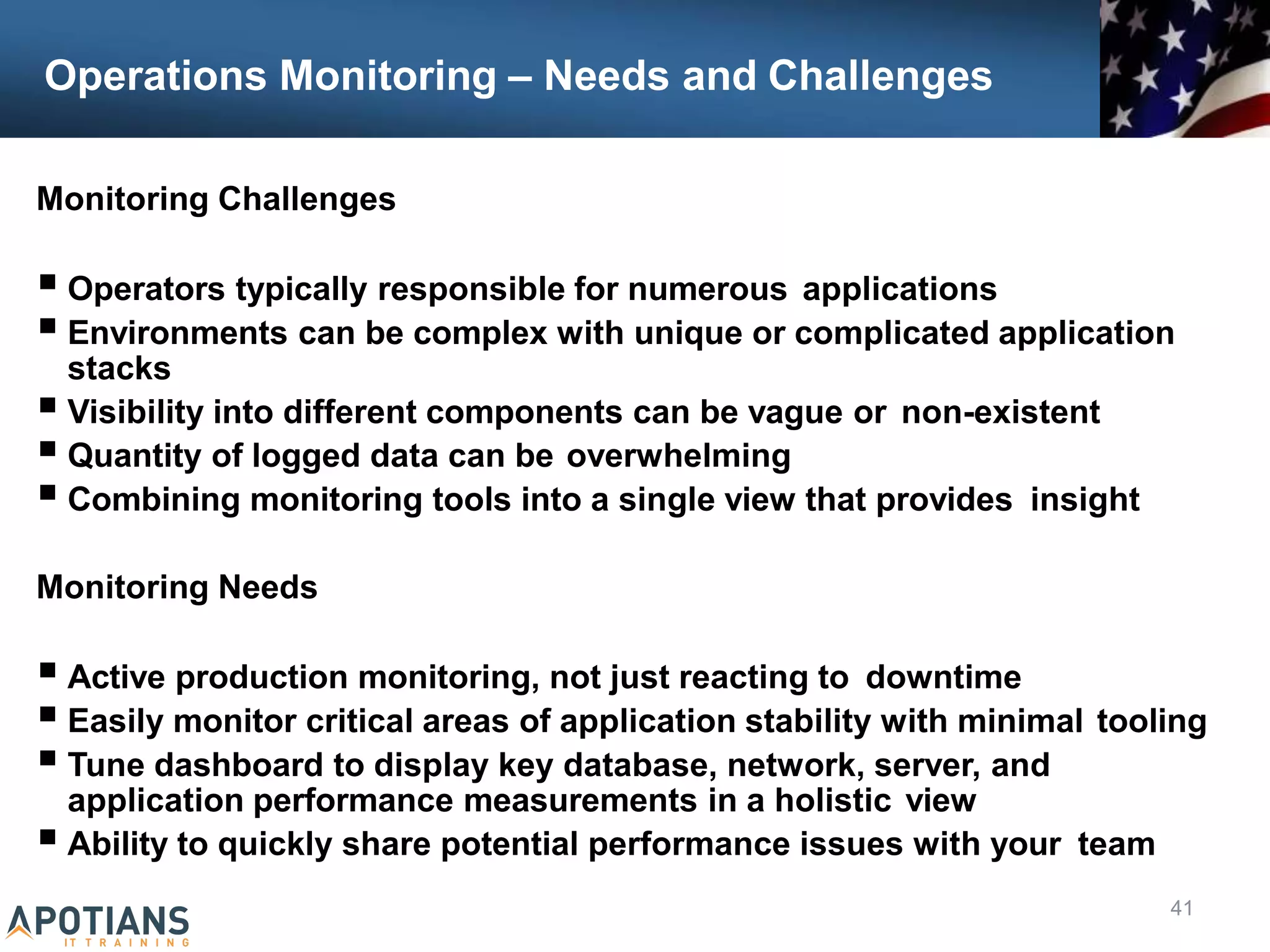 Operations Monitoring – Needs and Challenges
41
Monitoring Challenges
 Operators typically responsible for numerous applications
 Environments can be complex with unique or complicated application
stacks
 Visibility into different components can be vague or non-existent
 Quantity of logged data can be overwhelming
 Combining monitoring tools into a single view that provides insight
Monitoring Needs
 Active production monitoring, not just reacting to downtime
 Easily monitor critical areas of application stability with minimal tooling
 Tune dashboard to display key database, network, server, and
application performance measurements in a holistic view
 Ability to quickly share potential performance issues with your team
 